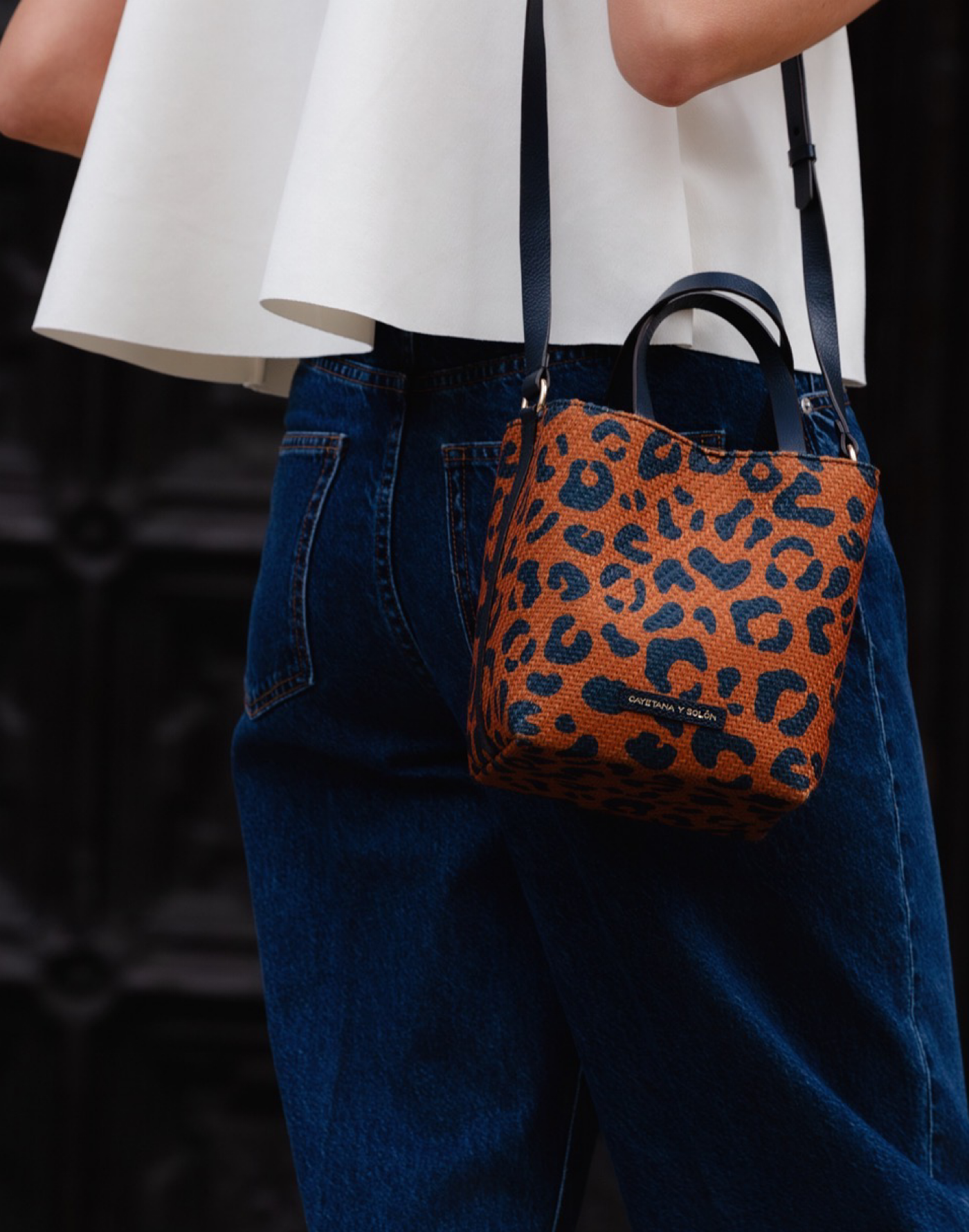 Cayetana y Solon Leopard Midi Bucket Bag Camel